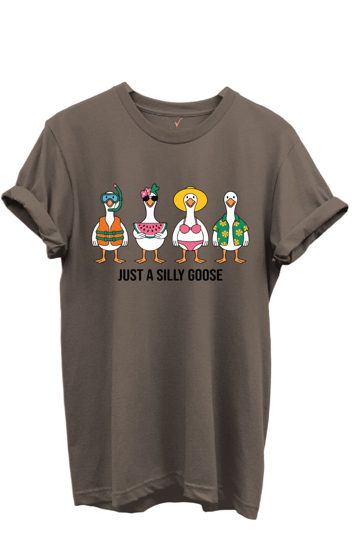 Just a Silly Goose Yazılı Eğlenceli Kaz Karakterleri Baskılı %100 Pamuk Regular Fit Unisex T-Shirt Kahverengi - 2XL