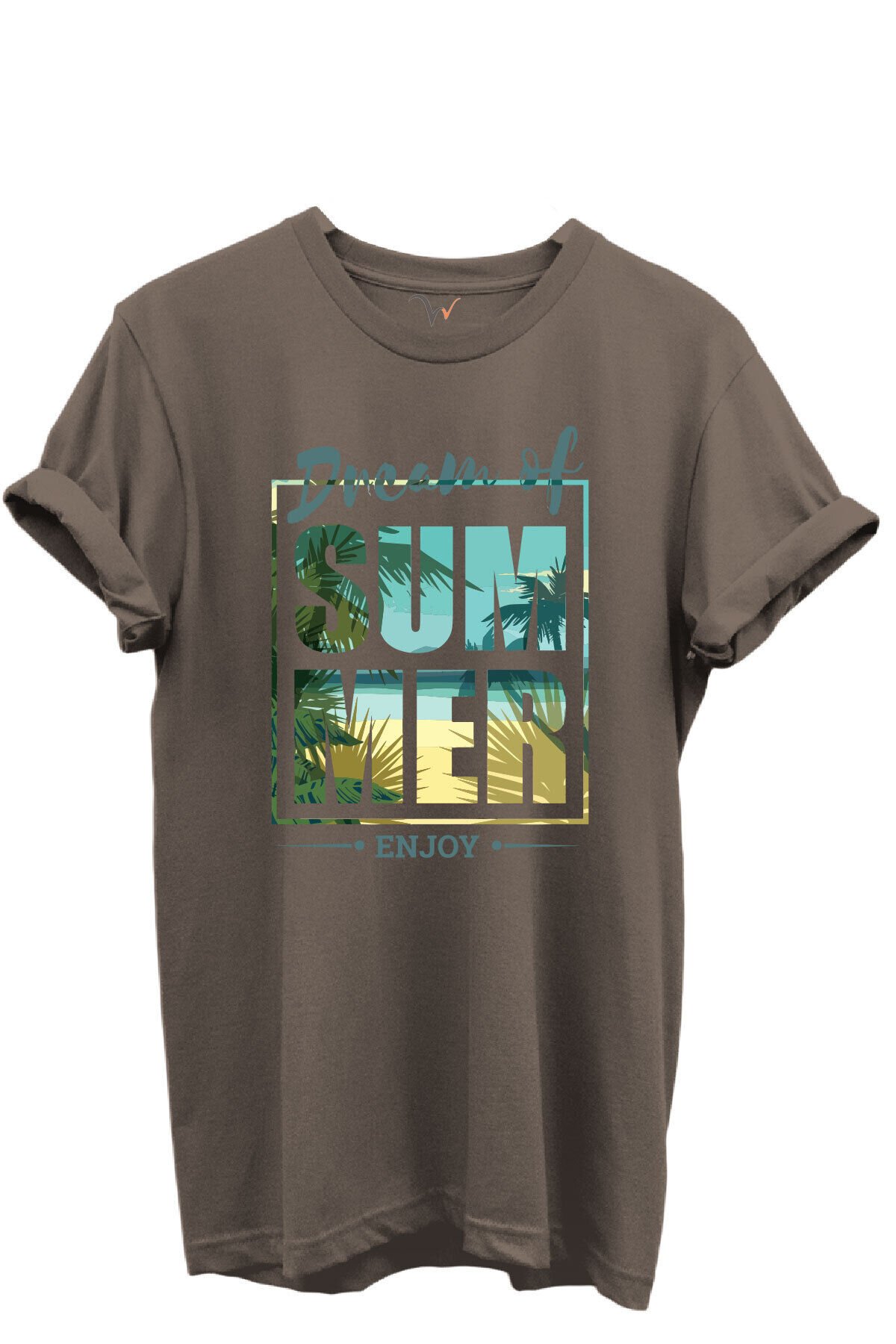Dream of Summer Yazılı Palmiye ve Sahil Temalı %100 Pamuk Regular Fit Unisex T-Shirt Kahverengi - 3XL