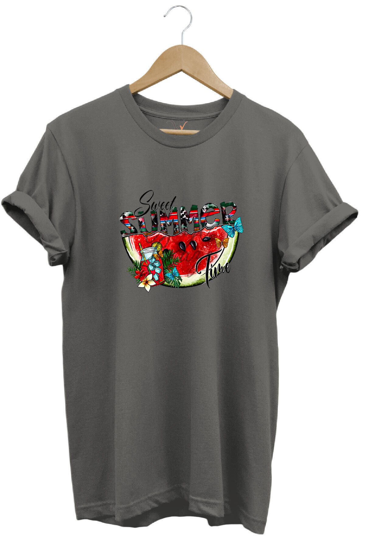 Summer Yazlık Karpuz Tasarım Baskılı %100 Pamuk Regular Fit Kahverengi T-shirt Gri - L