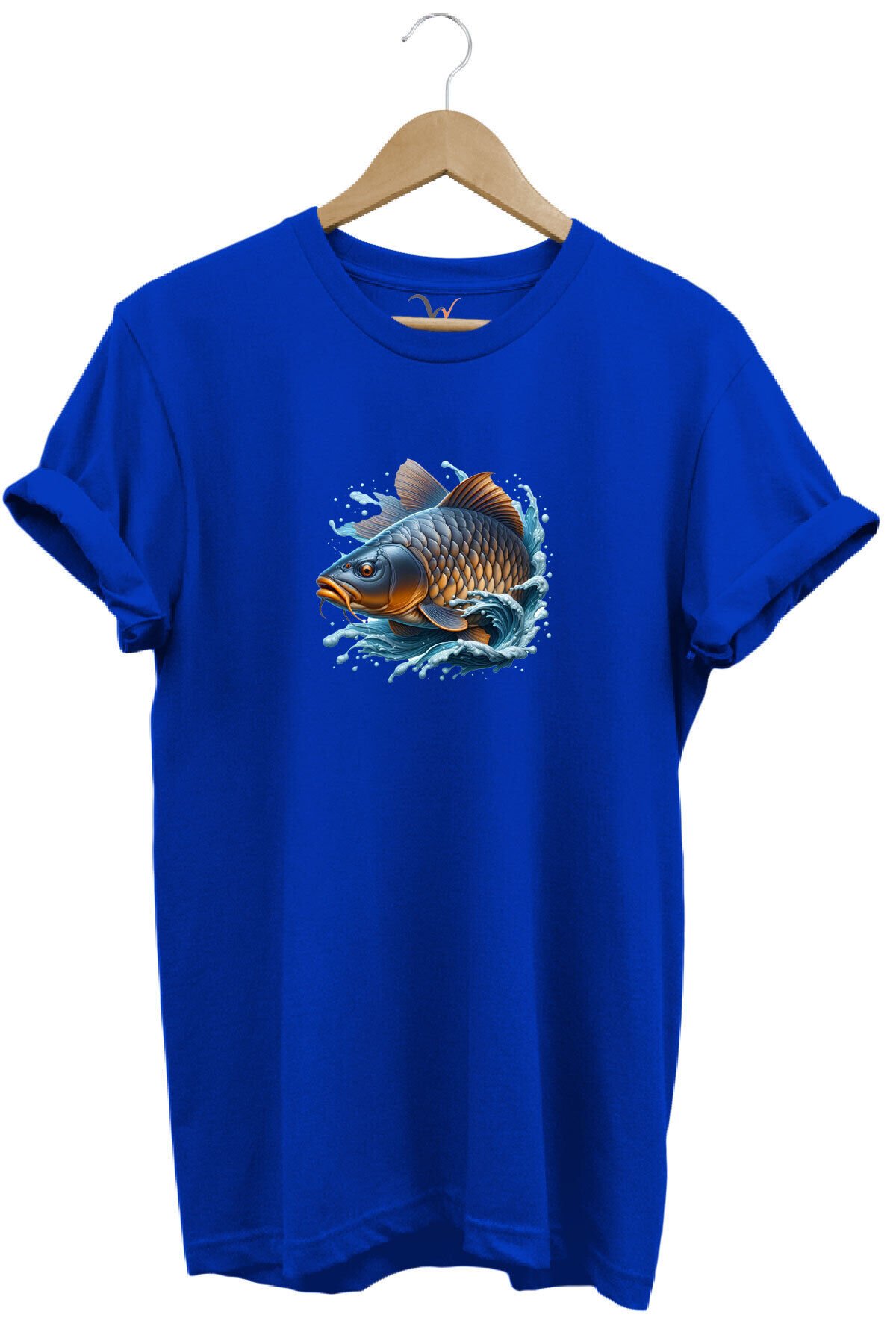Balıkçı Fishing Sazan Avı Balıkçılığı Baskılı %100 Pamuk Regular Fit Bisiklet Yaka Gri T-shirt Mavi - 2XL