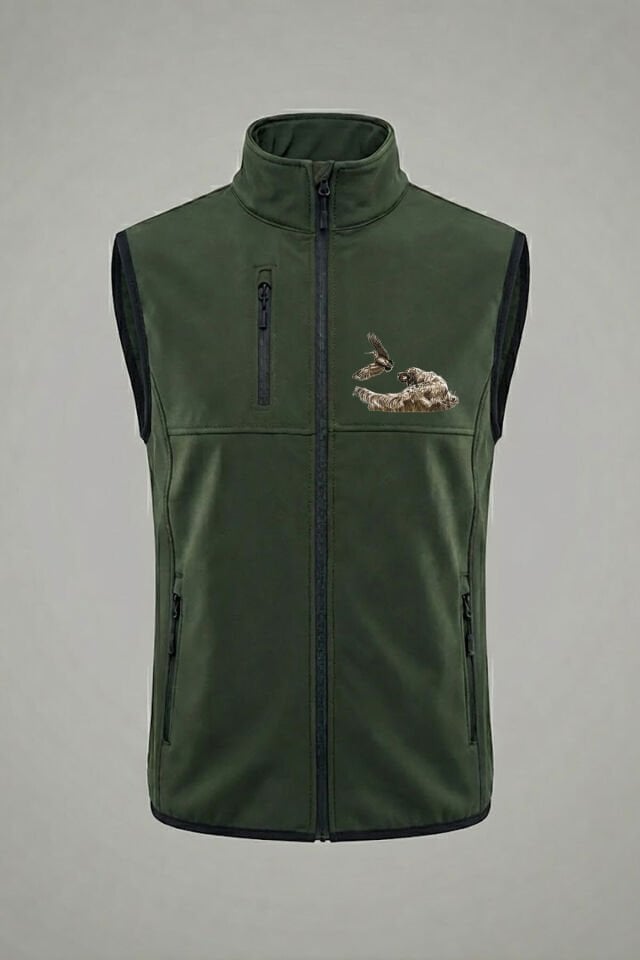 Avcılık Fermalı Setter Çulluk Baskılı Su ve Rüzgar Geçirmez Erkek Softshell Outdoor Haki Yelek