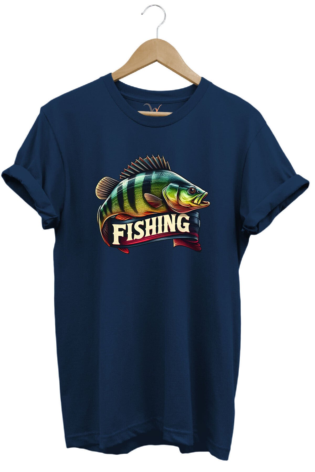 Fishing Balıkçılık Baskılı Levrek Balığı %100 Pamuk Regular Fit Bisiklet Yaka Kırmızı T-shirt Lacivert - M