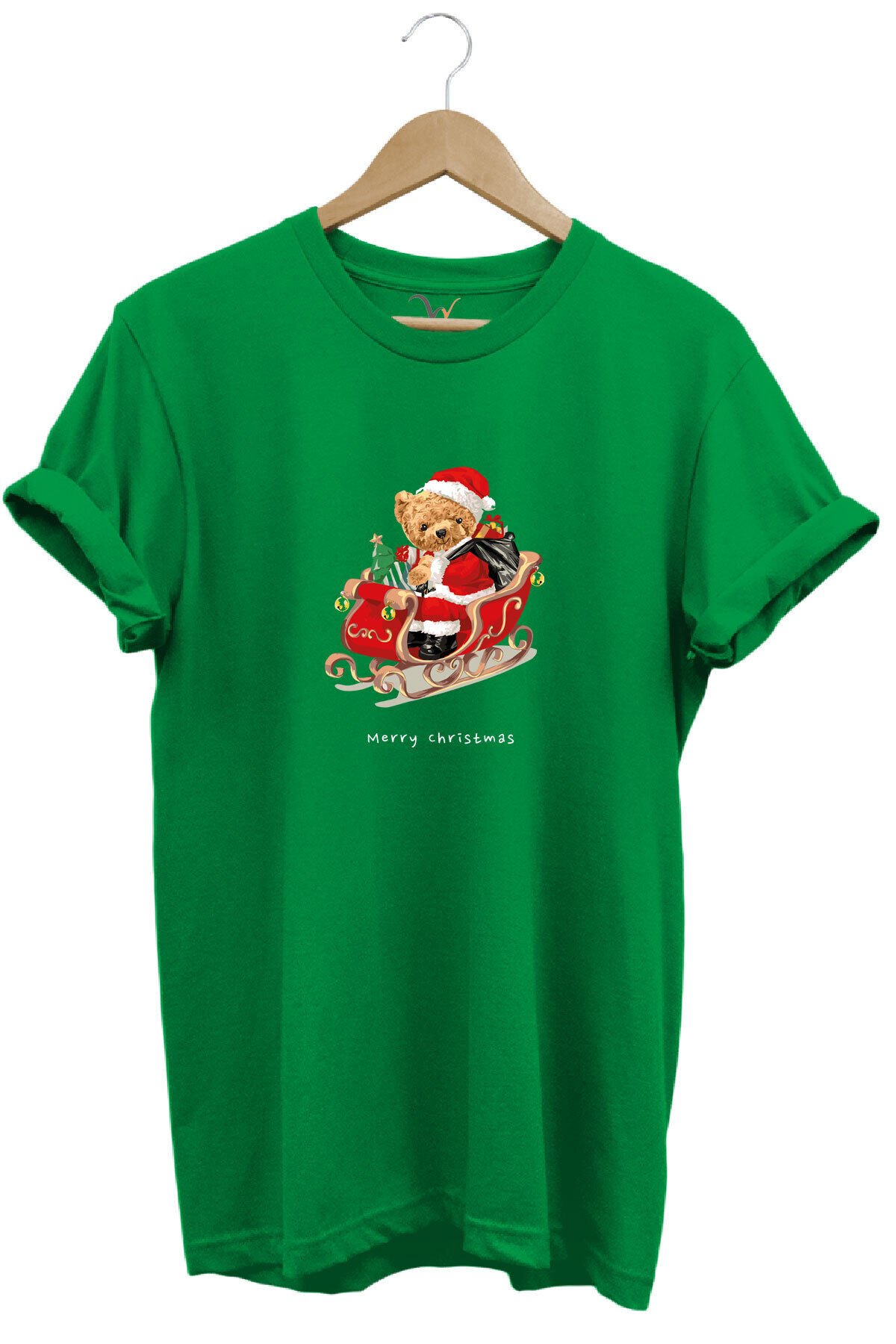 Christmas Baskılı Sevimli Ayıcık Yılbaşı Noel %100 Pamuk Regular Fit Bisiklet Yaka T-shirt Yeşil - S