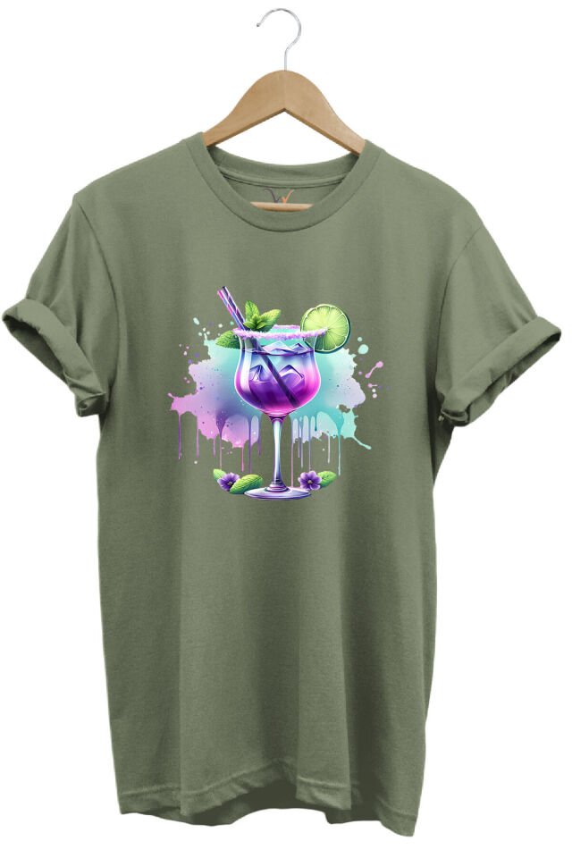 Tropik Kokteyl Temalı Renkli Yaz Baskılı %100 Pamuk Unisex Regular Fit T-Shirt Haki - M