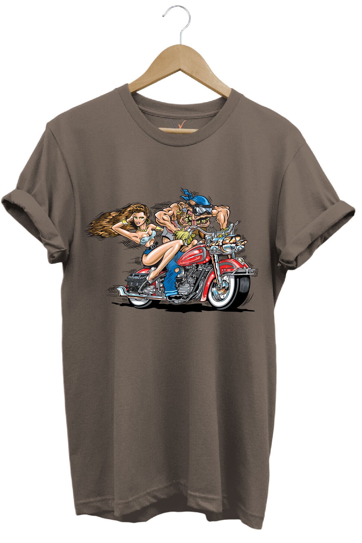 Motosiklet Motor Süren Adam ve Kadın Baskılı %100 Pamuk Regular Fit T-shirt Kahverengi - XL