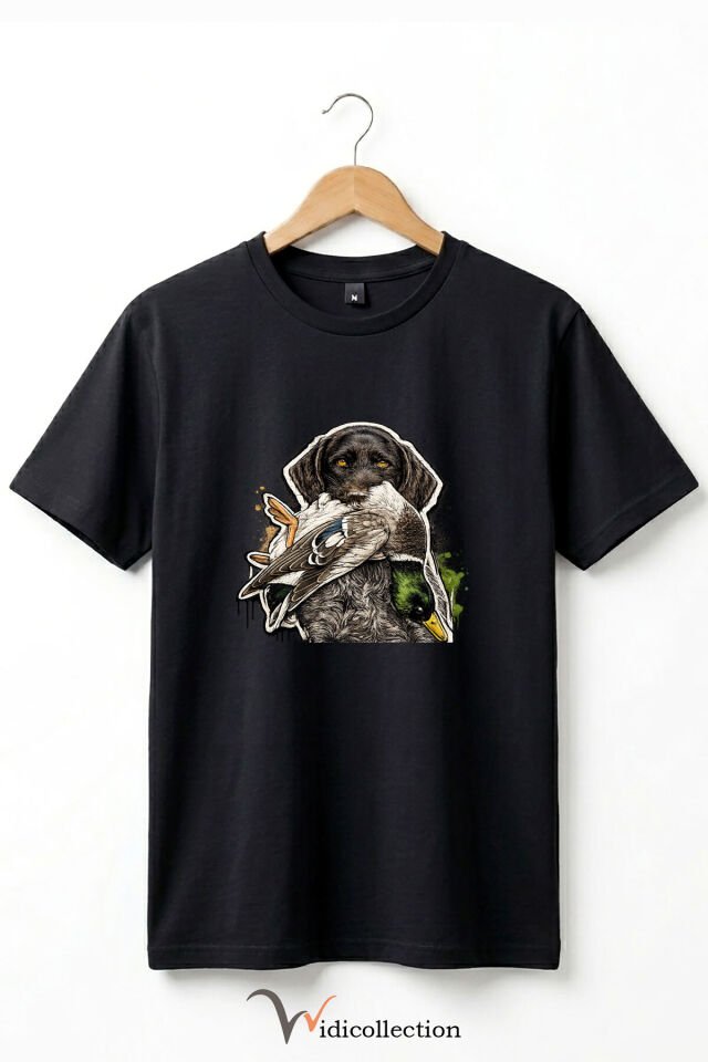 Unisex Avcı Köpeği ve Ördek Baskılı Ördek Avı Doğa ve Yaban Hayatı Outdoor %100 Pamuk Basic T-Shirt Siyah - 5XL