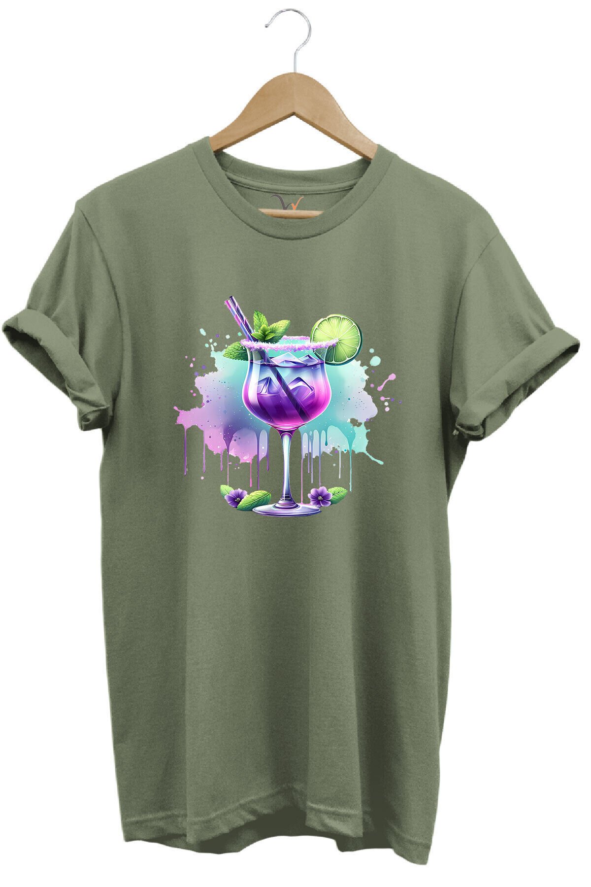 Tropik Kokteyl Temalı Renkli Yaz Baskılı %100 Pamuk Unisex Regular Fit T-Shirt Haki - XL