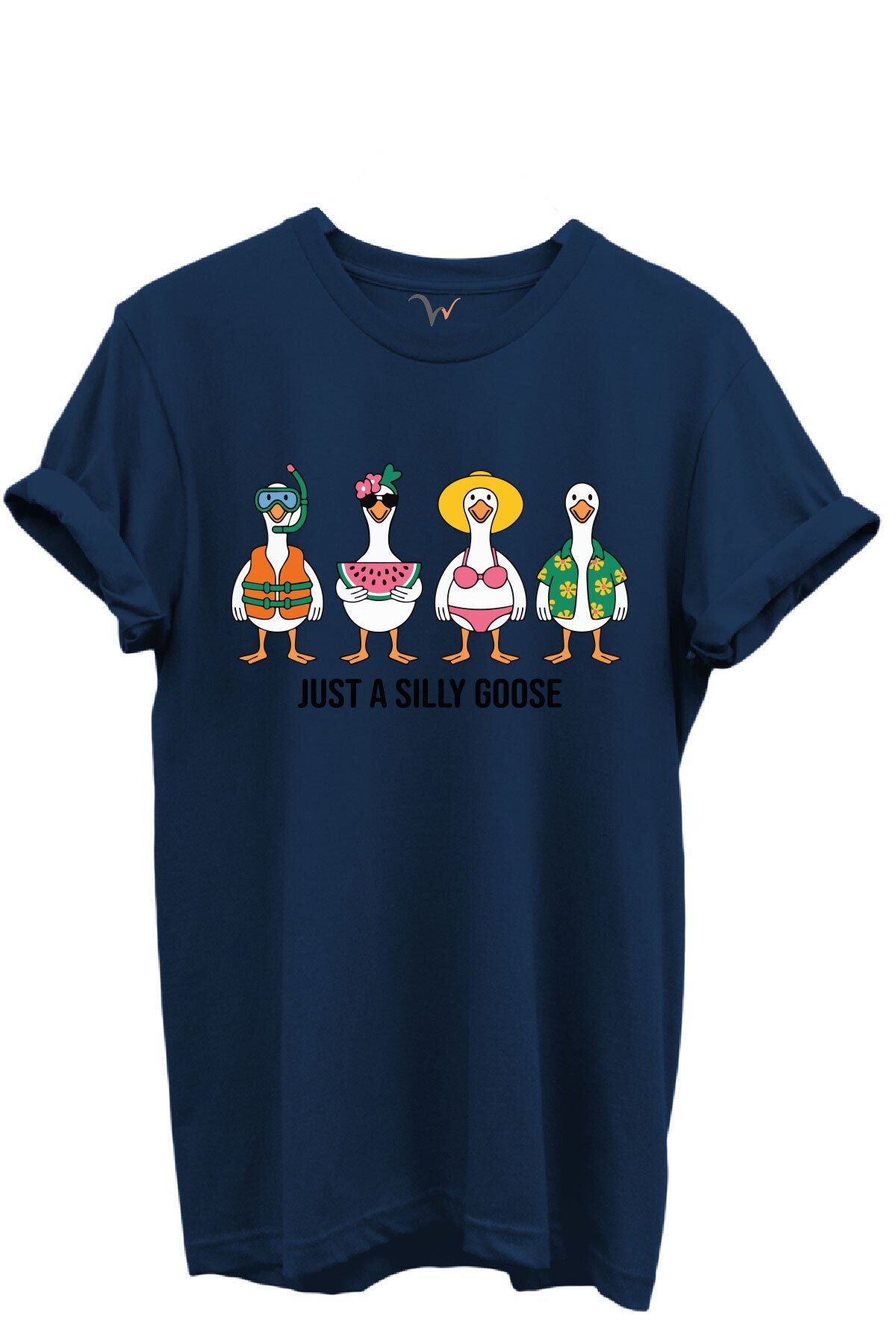Just a Silly Goose Yazılı Eğlenceli Kaz Karakterleri Baskılı %100 Pamuk Regular Fit Unisex T-Shirt Lacivert - XL