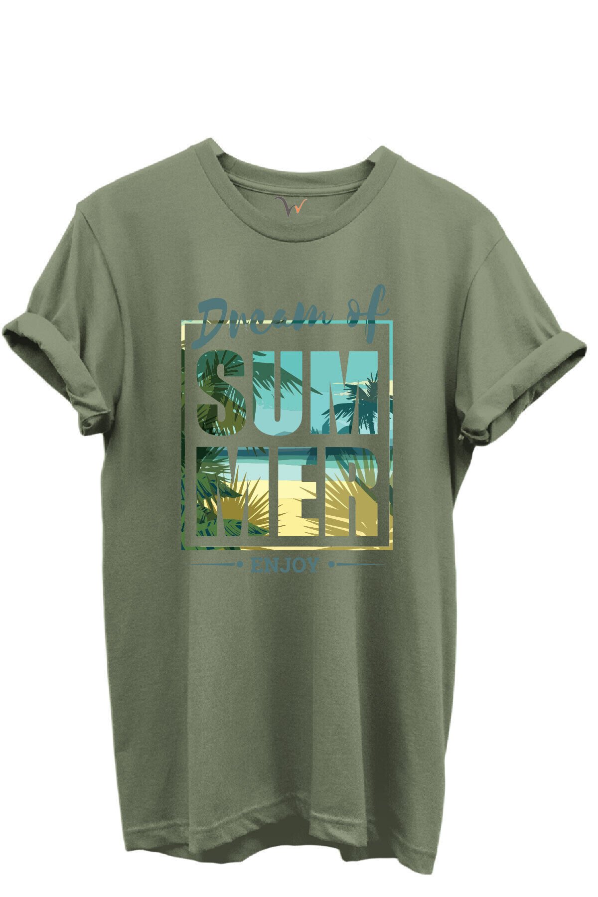 Dream of Summer Yazılı Palmiye ve Sahil Temalı %100 Pamuk Regular Fit Unisex T-Shirt Haki - XL