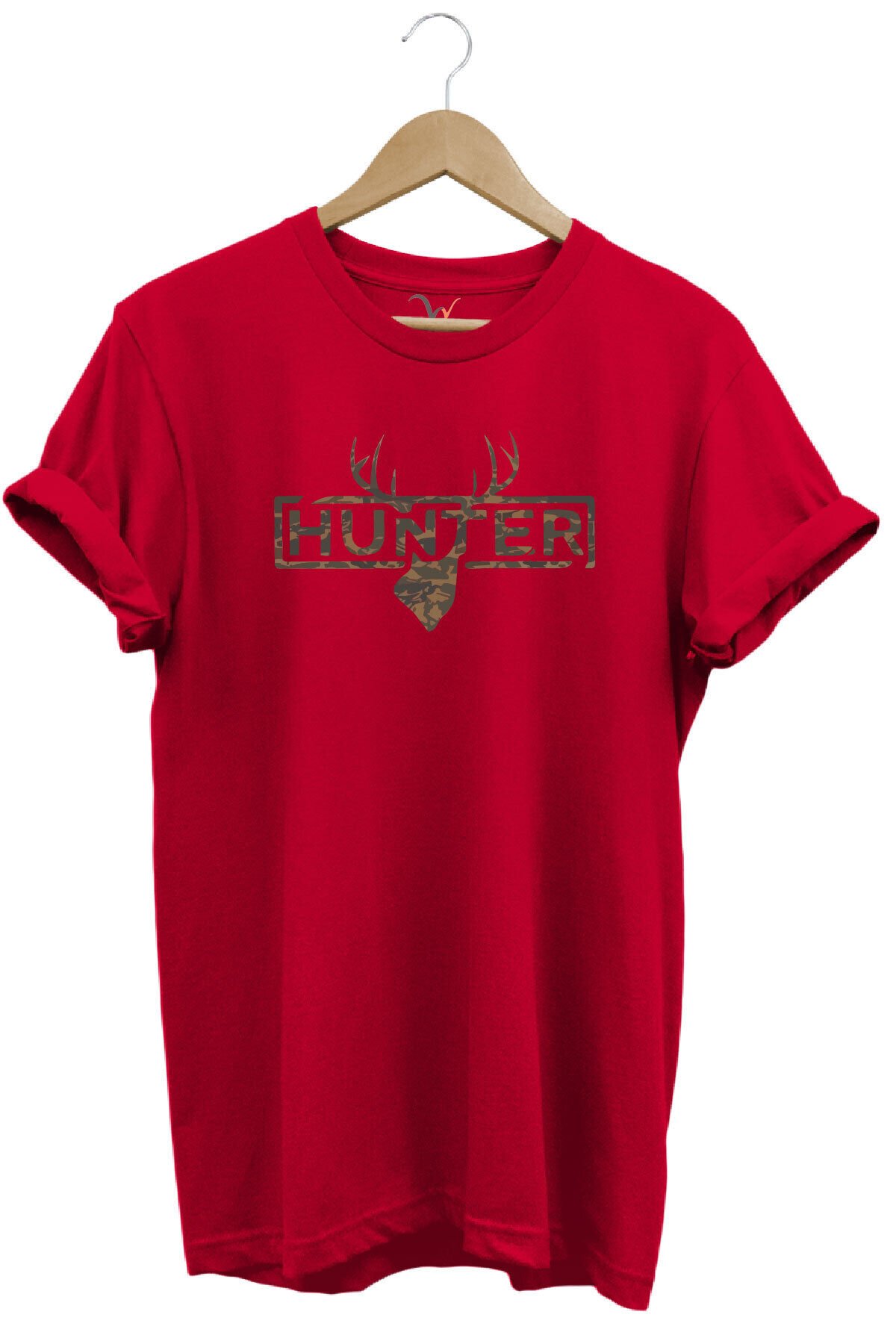 Avcılık Kamuflaj Desenli Geyik ve Hunter Yazı Baskılı %100 Pamuk Regular Fit Bisiklet Yaka T-shirt Kırmızı - XL