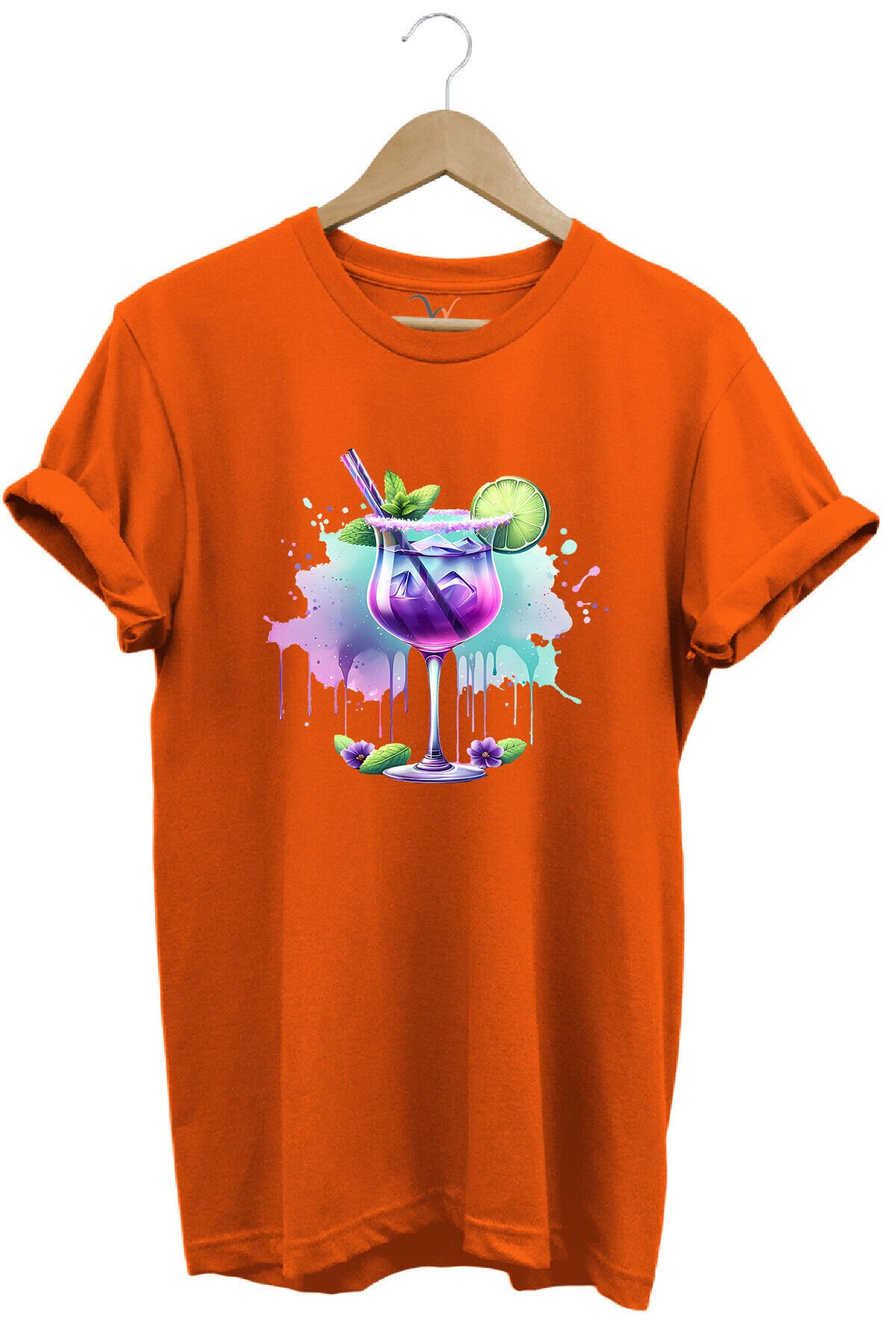 Tropik Kokteyl Temalı Renkli Yaz Baskılı %100 Pamuk Unisex Regular Fit T-Shirt Turuncu - S