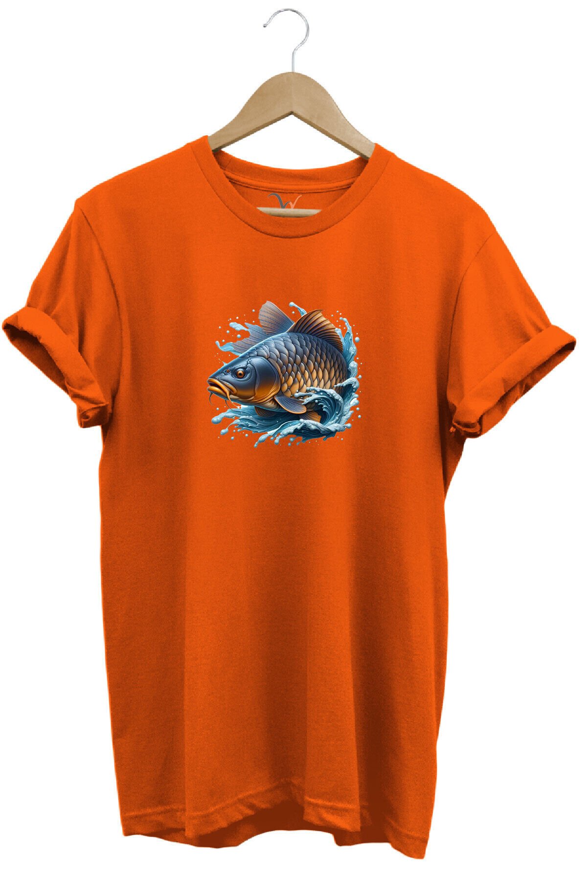 Balıkçı Fishing Sazan Avı Balıkçılığı Baskılı %100 Pamuk Regular Fit Bisiklet Yaka Gri T-shirt Turuncu - 2XL