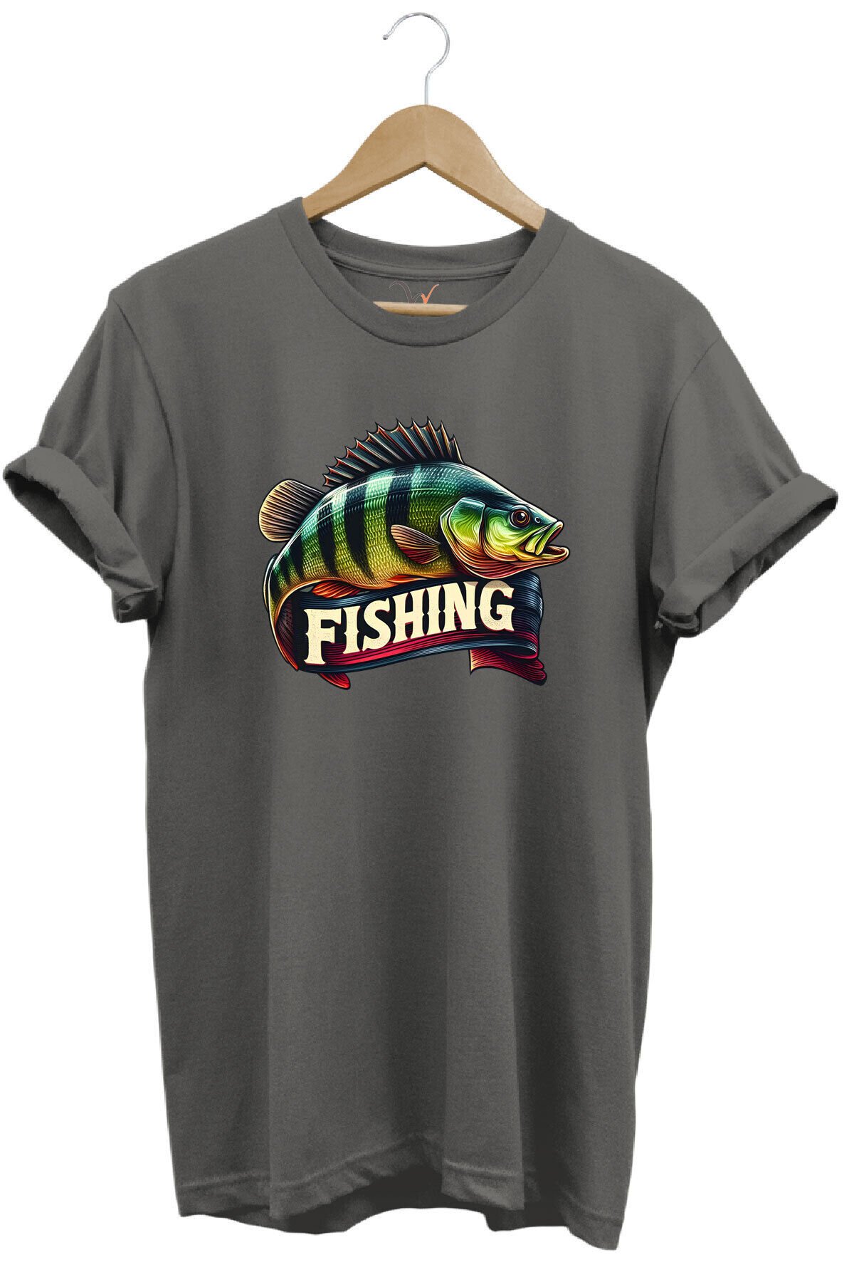 Fishing Balıkçılık Baskılı Levrek Balığı %100 Pamuk Regular Fit Bisiklet Yaka Kırmızı T-shirt Gri - L