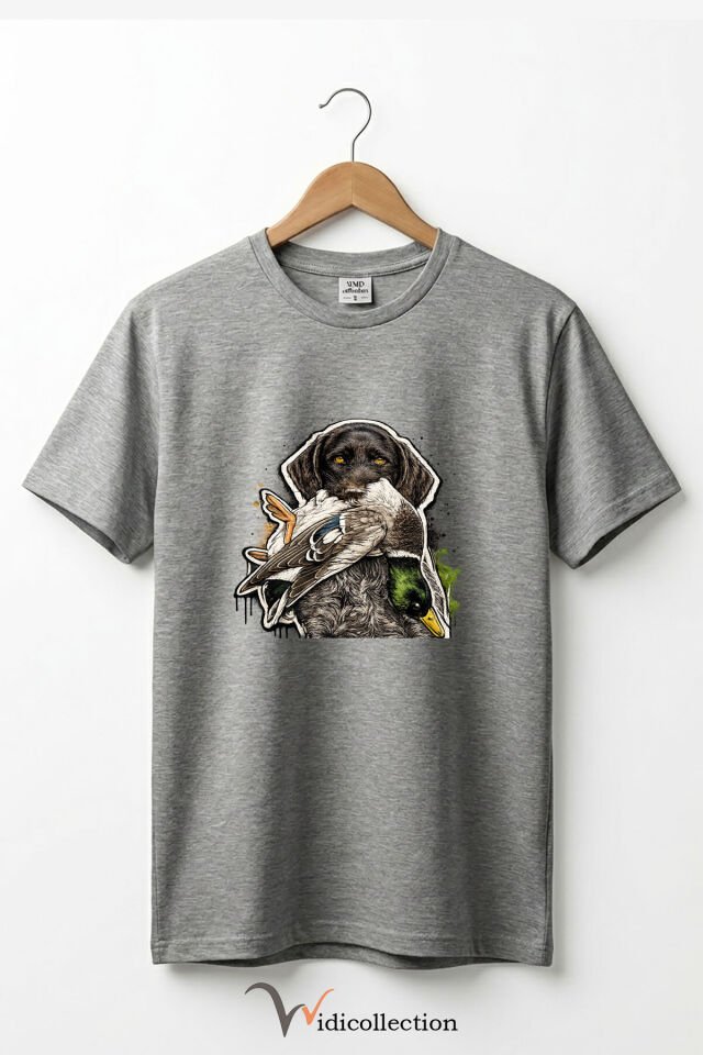 Unisex Avcı Köpeği ve Ördek Baskılı Ördek Avı Doğa ve Yaban Hayatı Outdoor %100 Pamuk Basic T-Shirt Gri Melanj - XL