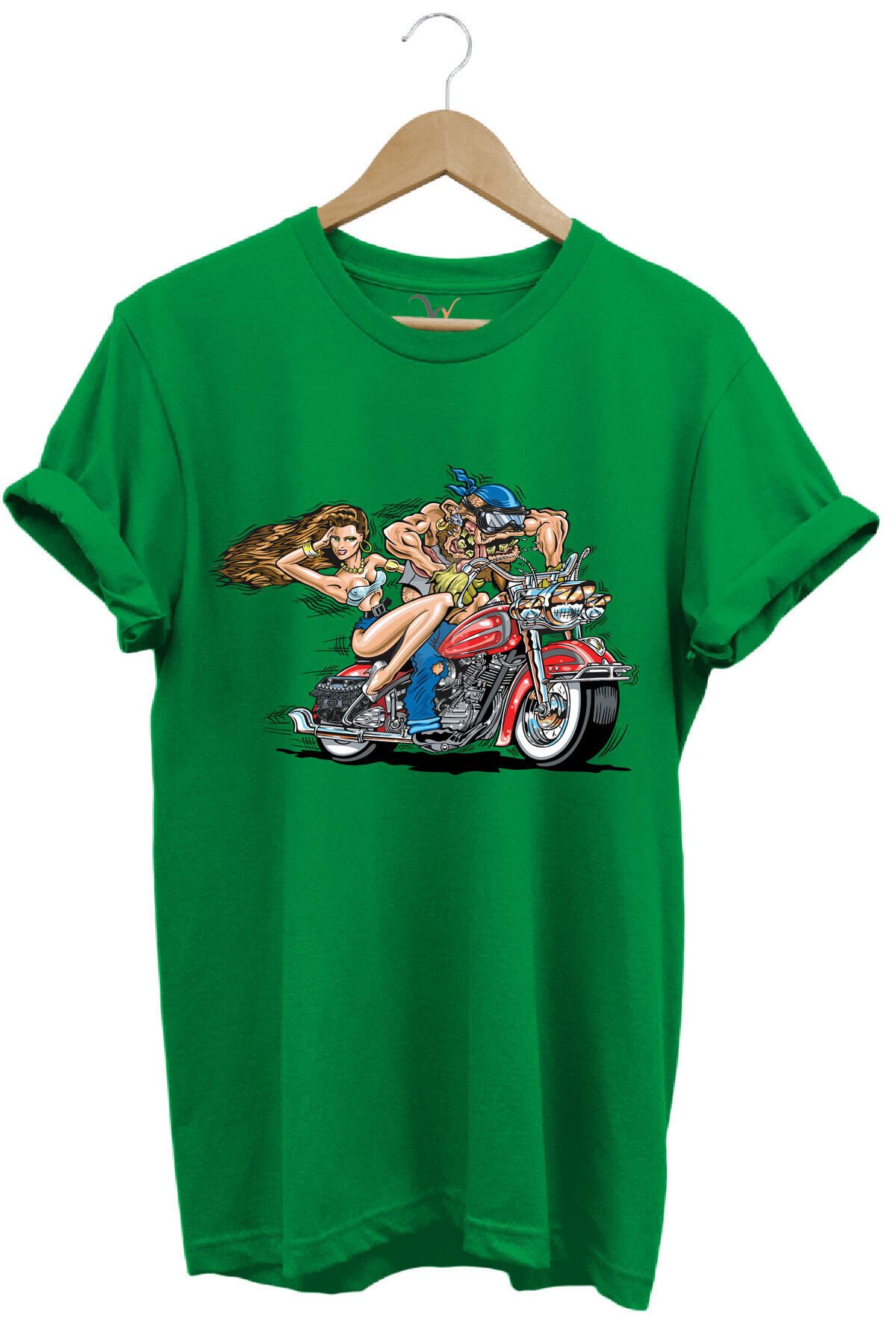 Motosiklet Motor Süren Adam ve Kadın Baskılı %100 Pamuk Regular Fit T-shirt Yeşil - L