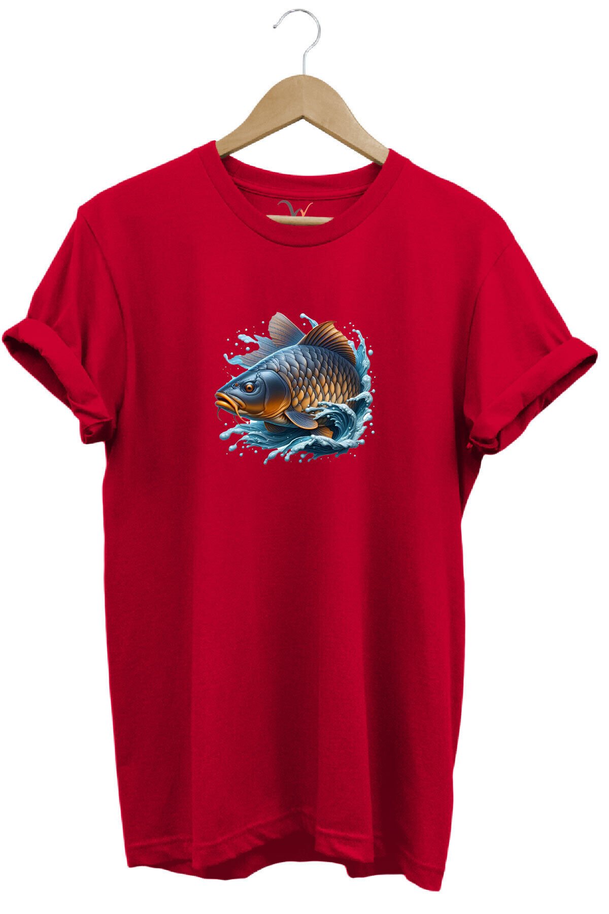 Balıkçı Fishing Sazan Avı Balıkçılığı Baskılı %100 Pamuk Regular Fit Bisiklet Yaka Gri T-shirt Kırmızı - 2XL