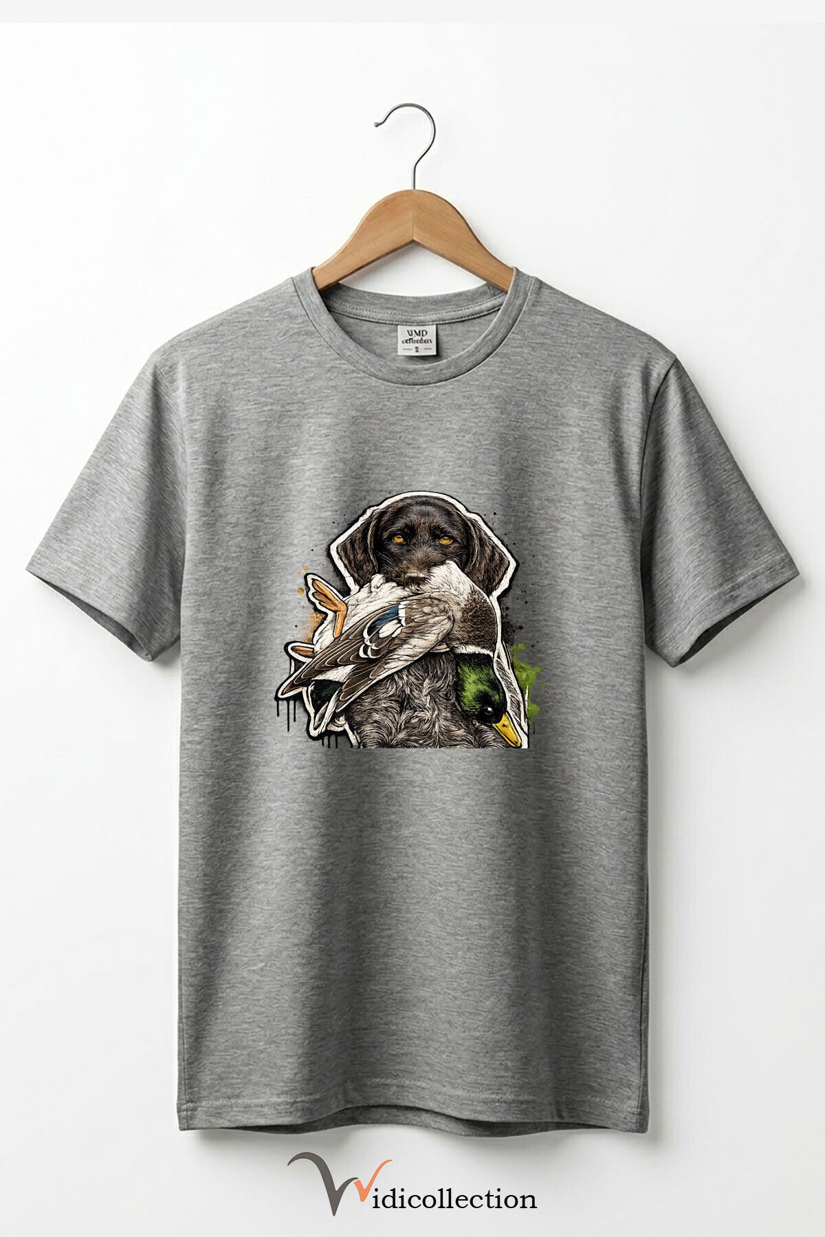 Unisex Avcı Köpeği ve Ördek Baskılı Ördek Avı Doğa ve Yaban Hayatı Outdoor %100 Pamuk Basic T-Shirt Gri Melanj - L