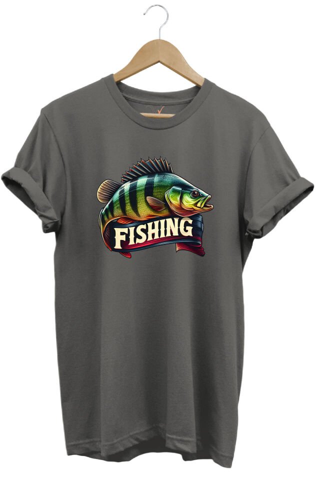 Fishing Balıkçılık Baskılı Levrek Balığı %100 Pamuk Regular Fit Bisiklet Yaka Kırmızı T-shirt Gri - M