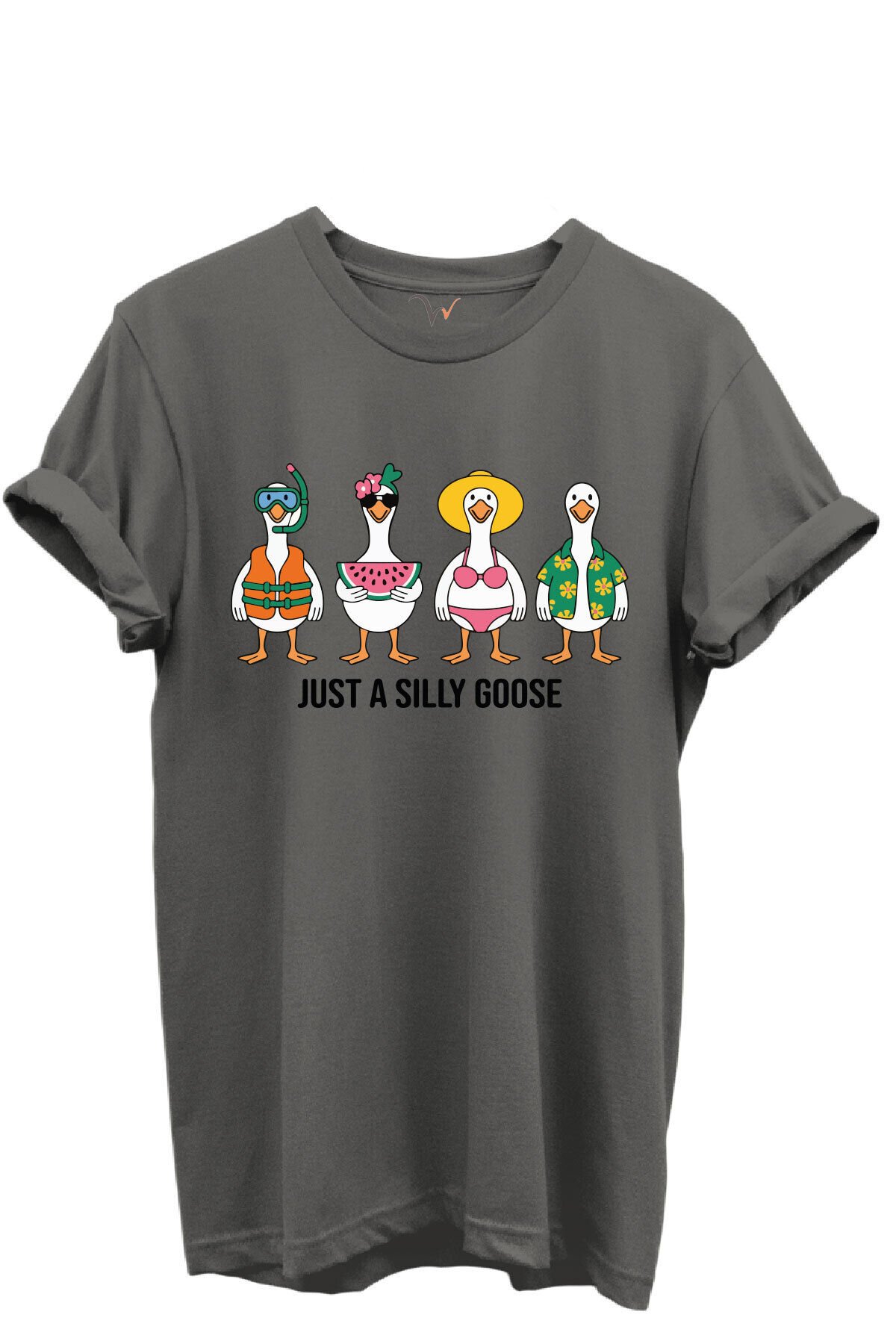 Just a Silly Goose Yazılı Eğlenceli Kaz Karakterleri Baskılı %100 Pamuk Regular Fit Unisex T-Shirt Gri - S