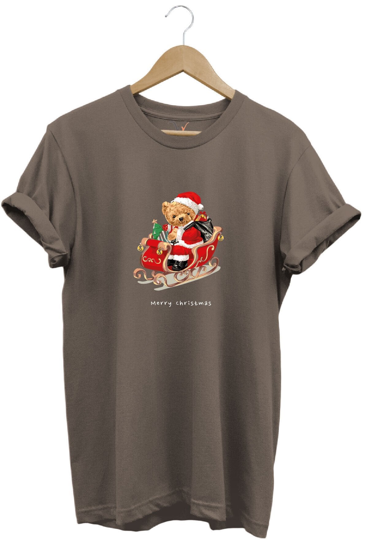 Christmas Baskılı Sevimli Ayıcık Yılbaşı Noel %100 Pamuk Regular Fit Bisiklet Yaka T-shirt Kahverengi - M